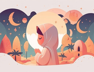 Ramadan illustration with beautiful woman praying with soft color