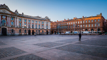 Fototapeta na wymiar View of the Capitole square in Toulouse (Haute Garonne, France) early in the morning
