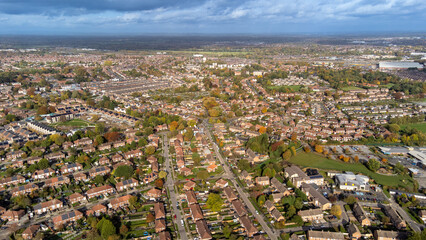 Aerial photo of the the town of Woodthorpe, it's a suburb in the south west of the city of York, North Yorkshire, England showing an aerial view of residential housing estates in the town.