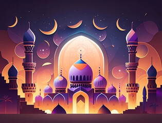 Ramadan illustration with beautiful mosque in the night with soft color