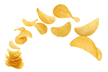 Flying delicious potato chips cut out