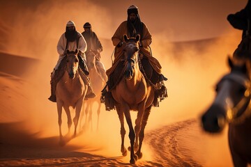 The Beauty of the Sahara Berberes: Bedouin Nomads Riding Camels and horses Through the Saharan Dunes AI Generative - obrazy, fototapety, plakaty