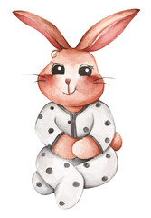 Cute bunny for spring season. Easter rabbit. Hand drawn sketch and watercolor illustration. Rabbit cartoon. Animal wildlife character.
