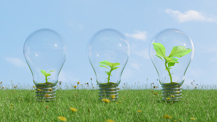 Tree growing in light bulb different growth and different step. On grass and clear sky. Environment and Energy concept, 3D Render.