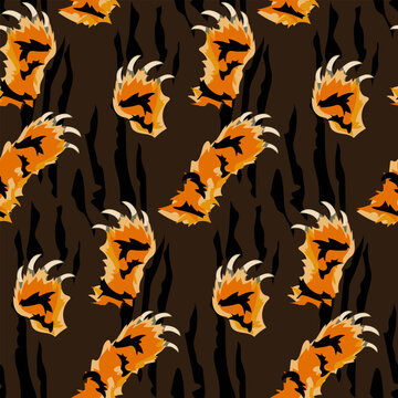 A pattern at different angles of a vector image of a tiger paw cutting the material on a brown background. Abstract illustration, simplified spots in layers the strips are torn Banner printing, flyers