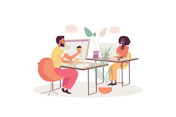 Programmers working concept with people scene in the flat cartoon design. Two programmers work together in the office and discuss their tasks. Vector illustration.