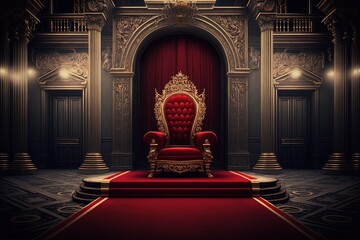Red carpet leading to a king thrones inside of the palace castle generative ai - obrazy, fototapety, plakaty