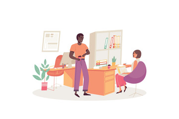 Business office concept with people scene in the flat cartoon style. Two business people working in the office together. Vector illustration.