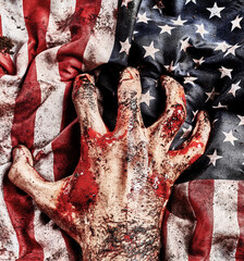 Plakat Bloody hand of war over the flag of United States of America. War concept. Protecting of democracy
