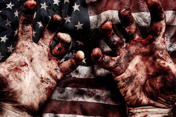 Bloody hands of war. Grunge flag of United States of America. Protecting of democracy