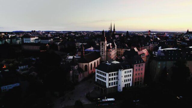 Luxembourg city skyline, center drone sunset. 4k 24fps. Tripod. 