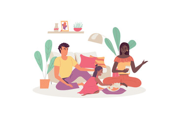 Family activity concept with people scene in the flat cartoon design. Family playing different games at home and having fun. Vector illustration.