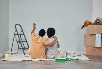 Planning, wall or black couple pointing in home renovation, diy or house remodel together on floor....