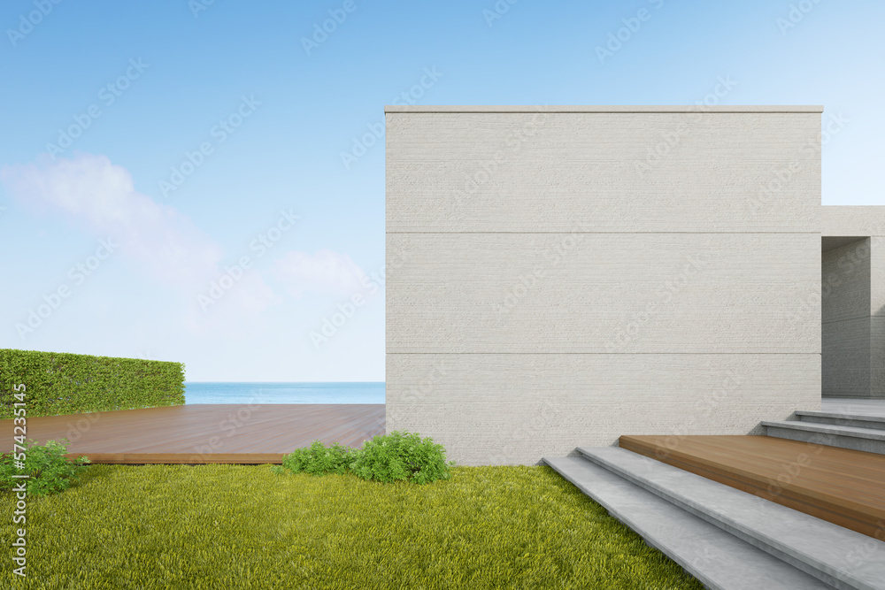 Poster 3d render of abstract building with concrete wall on sea view background.