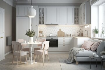Fototapeta na wymiar Interior in warm pastel white and beige tones. Beautiful bright kitchen with dining room (Generative AI)