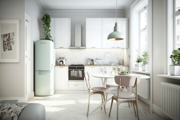Naklejka na ściany i meble Interior in warm pastel white and beige tones. Beautiful bright kitchen with dining room (Generative AI)