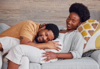 Pregnant, black couple and listening to stomach while excited and happy on lounge couch. Man and...