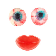 Eyes and lips made of marmalade candies isolated on a white background