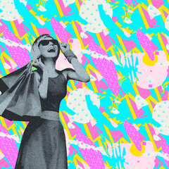 Fashion experimental effect collage. Retro shopping Lady and abstract creative background