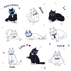 Cat pose. icon set with cute cat sticker character design that is sleeping style and adorable smile. white background illustration.