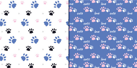 Banner for footprints of cat paws and meow vector pattern, cute, blue white background. cute black and blue animal footprint illustration.