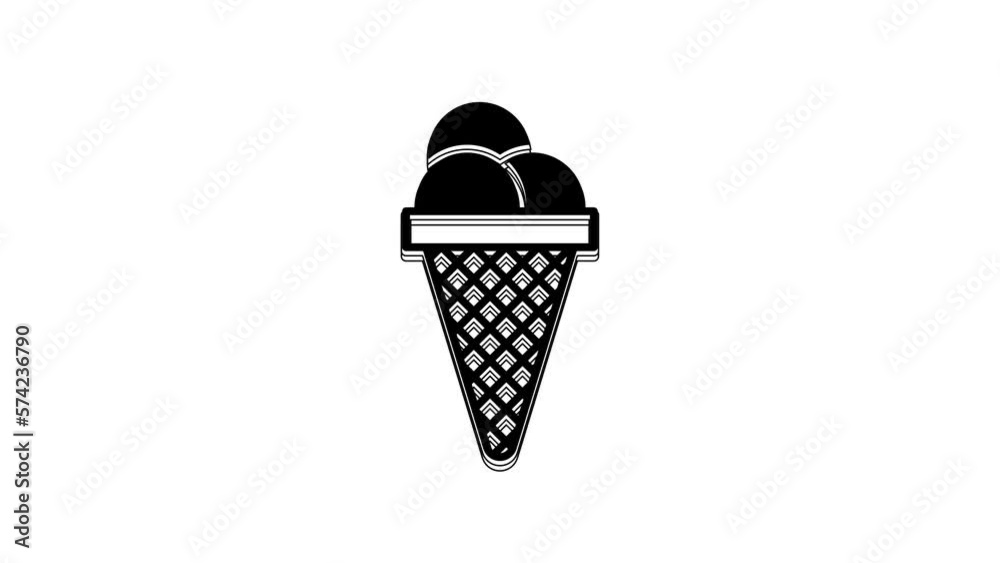 Sticker Black Ice cream in waffle cone icon isolated on white background. Sweet symbol. 4K Video motion graphic animation