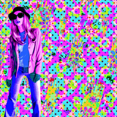Fashion experimental effect collage.  Retro Lady and abstract  creative background