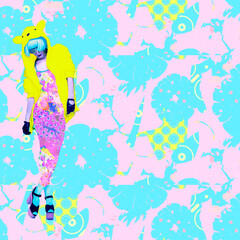 Fashion experimental effect collage. Music party girl and abstract  creative background