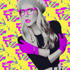 Fashion experimental effect collage. Retro Lady and abstract creative background