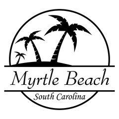 Fototapeta premium Destino de vacaciones. Logo aislado con texto manuscrito Myrtle Beach South Carolina con silueta de playa con palmeras en círculo lineal