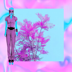 Fashion experimental effect collage. Girl and abstract creative background