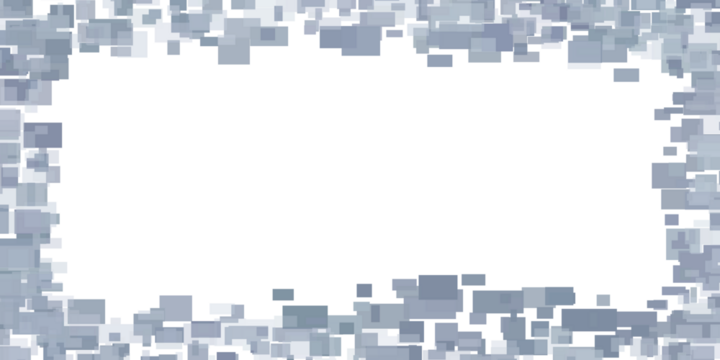 High resolution transparent png banner with frame of grey blue square mosaic pattern at the border for topics like technology, geometric, web, business with a lot of blank space for your content