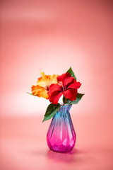 ガラスの瓶とハイビスカス