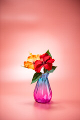 ガラスの瓶とハイビスカス