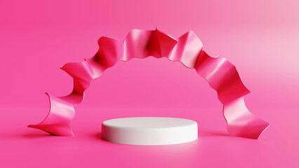 White pedestal for product display. Above the pedestal is an abstract arch. 3d render