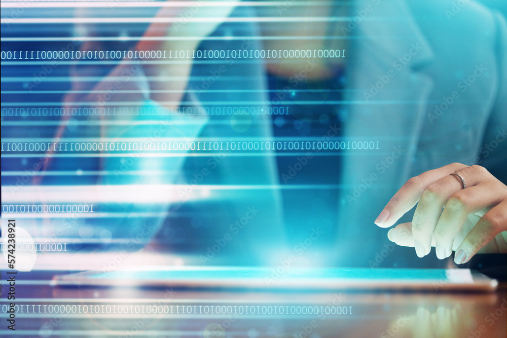 Aufkleber Code hologram, business woman hand and tablet data of a it worker with coding and programmer work. Information technology graphic, digital cybersecurity overlay and 3d programming in a office on tech