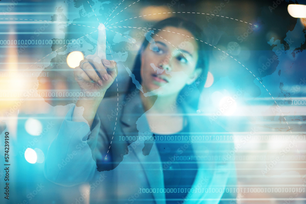 Aufkleber Map hologram, cyber woman and touch screen for 3d network, futuristic or future technology with digital software. Location, global connection and person with information technology with world overlay