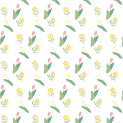 チューリップと菜の花の背景＿シームレスパターン白背景