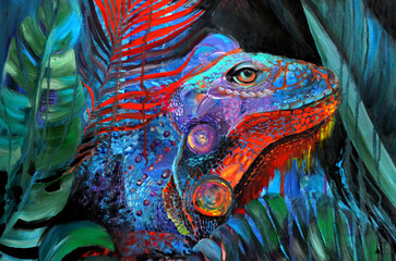Original oil painting. Iguana in tropical leaves. Multicolored lizard  