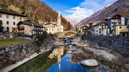Foto op Canvas most beautiful Alpine villages of northern Italy- Fontainemore, medieval borgo in Valle d'Aosta region, aerial drone view © Freesurf