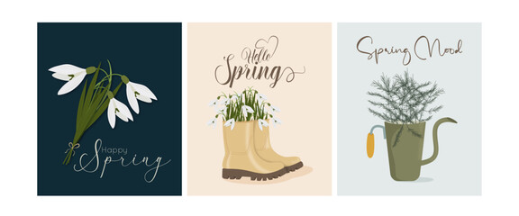 Fototapeta na wymiar Set of spring cards, with snowdrops and grass. The upright Set is great for cards, brochures, flyers, and advertising poster templates. Vector illustration.