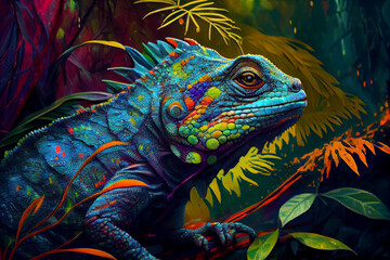 Obraz premium Colorful iguana in the fantasy rain forest, generative ai illustration