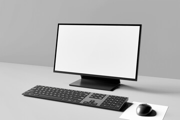 computer monitor with keyboard on white table background