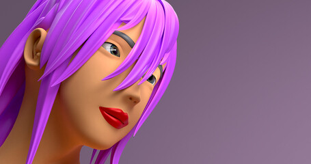 Manga 3D render girl with purple hair future sci-fi looking to future
