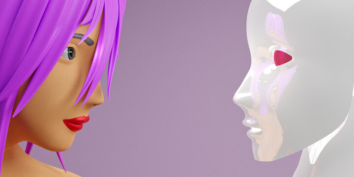 Manga 3D render girl with purple hair future sci-fi face to face with the humanoid robot