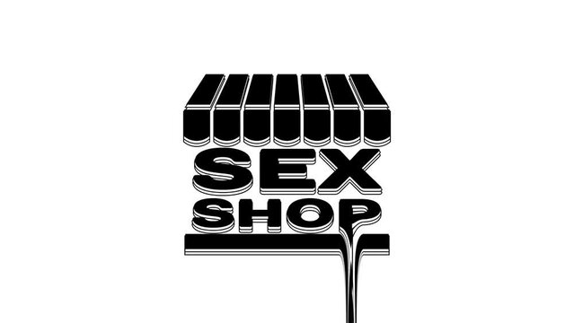 Black Sex shop building with striped awning icon isolated on white background. Sex shop, online sex store, adult erotic products concept. 4K Video motion graphic animation