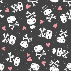 Seamless Pattern. Repeating design with cute Skulls and Hearts. Black Version.