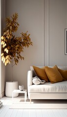 sofa and a plant: interior, deco, living room, window, light, white, cushion, comfortable, floor, picture frame, empty, blank, nobody, no people, photorealistic, illustration, Gen. AI