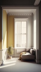 The sunlit hallway that boasts a high ceiling and a captivating two-tone interior, accentuating a comfortable couch. Photorealistic illustration, Generative AI