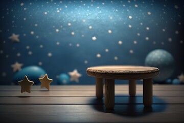 Empty brown table on the wall, blue stars with dark balls